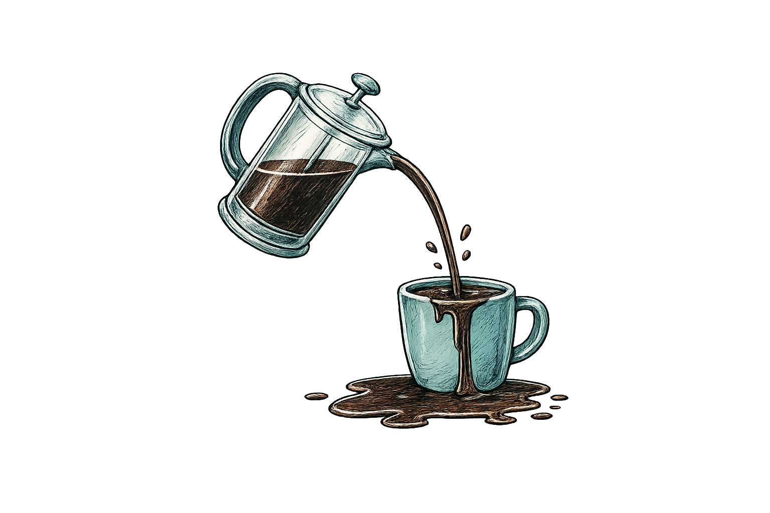 A french press tipped over, coffee overflowing a mug and pooling on the surface.