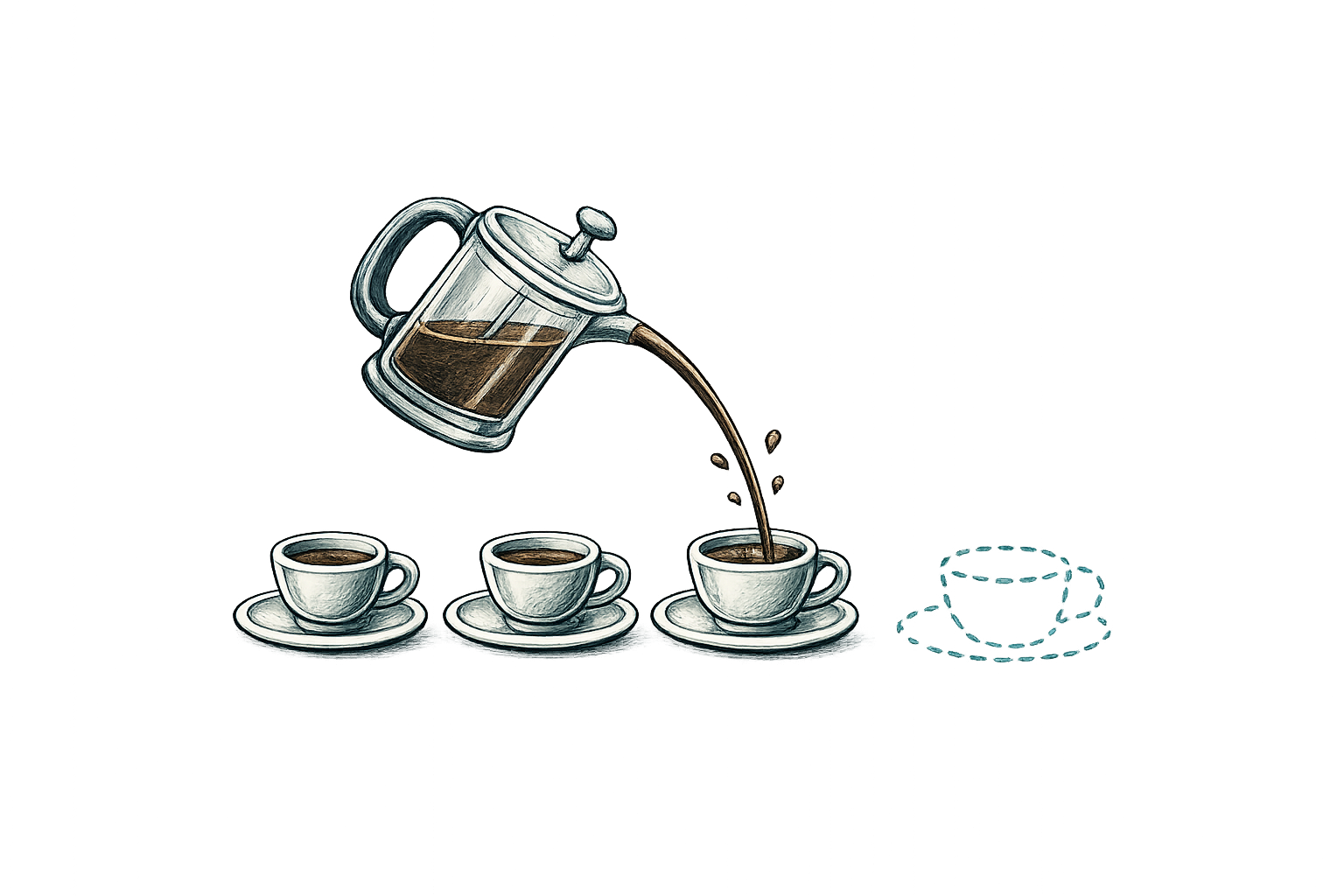 A french press with solid arrows pouring into three filled cups and a dashed arrow to a fourth cup outlined in dashes.