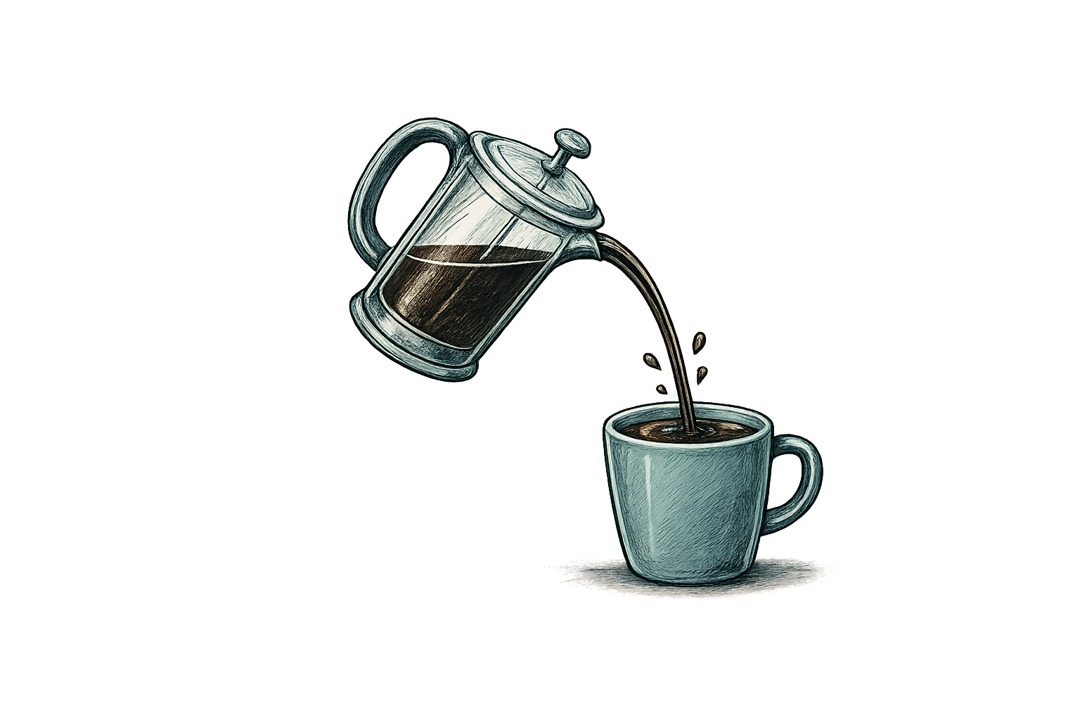 A french press pouring a single thin stream into one cup.